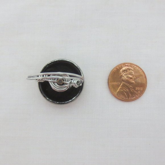 New Mod 60s Silver-tone & Black Glass Geometric Vintage Button Handmade Ring - Picture 5 of 9